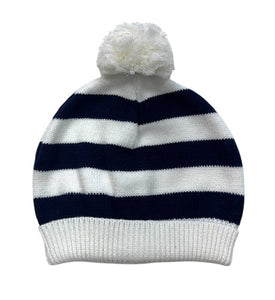 Cotton Striped Hat with Pom Pom in White & Navy