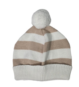 Cotton Striped Hat with Pom Pom in White & Oatmeal