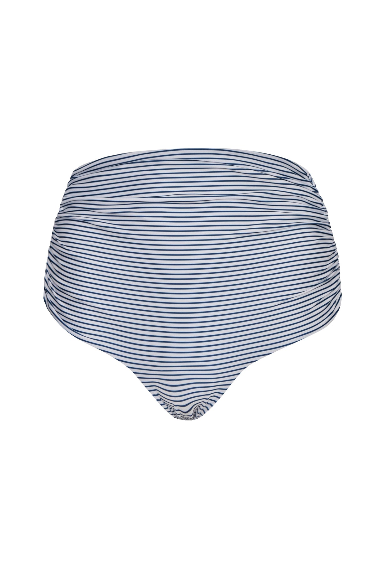 Front view of Victoria bikini bottom with high-rise waist and ruched sides in navy stripes and ivory on white background