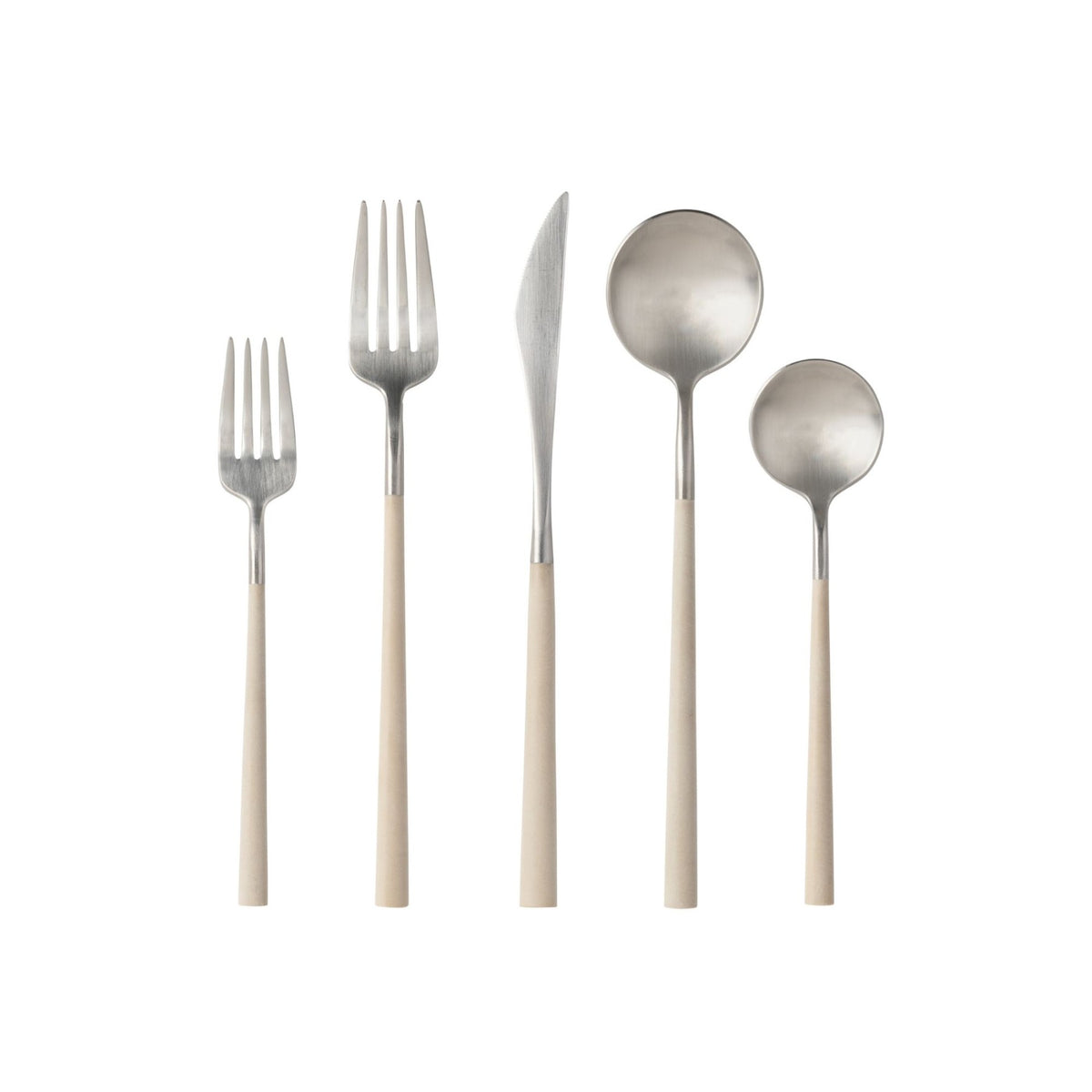 Front view of Mito flatware set of 5 with brushed stainless steel and cru resin cable-style handles on white