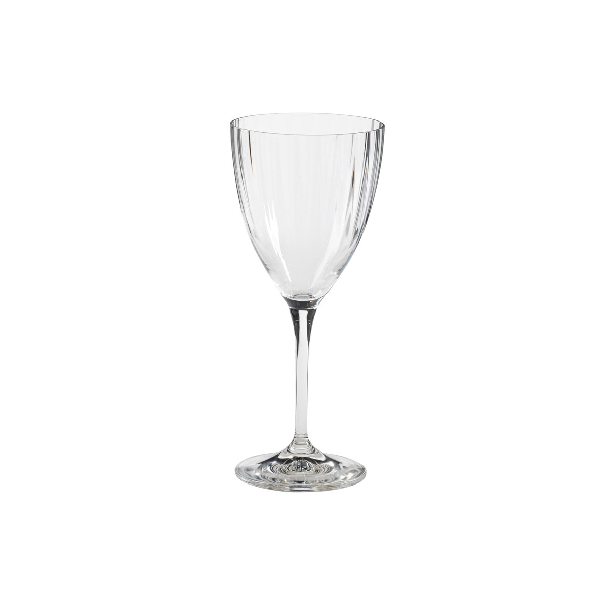 Front view of Sensa Collection 9 oz wine glass showcasing clear crystalline glass with vertical facets and long stem on white background