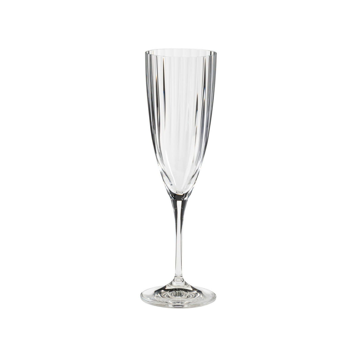 Front view of a Sensa Collection clear flute showcasing its cut rim and crystalline glass on a white background
