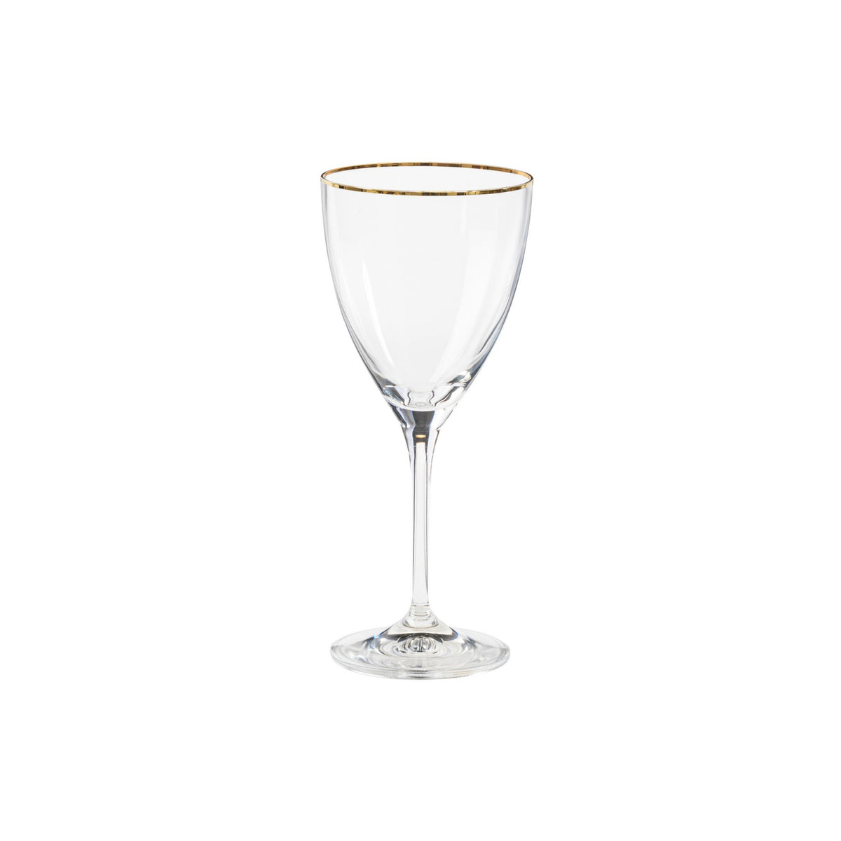 Front view of Sensa Collection 9 oz wine glass showcasing its golden rim on a white background