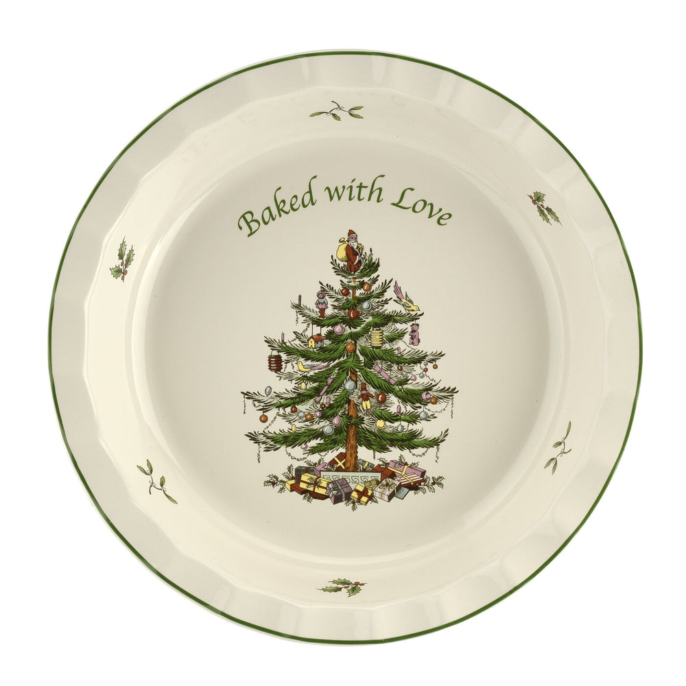 Top-down view of Christmas Tree 10-inch pie dish showing central tree illustration and Baked with Love script
