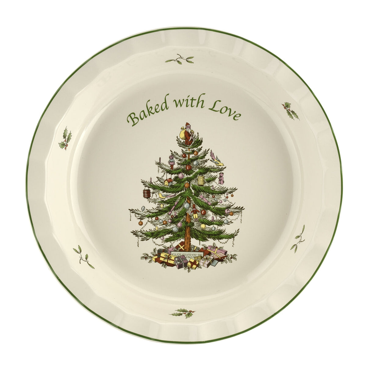 Top-down view of Christmas Tree 10-inch pie dish showing central tree illustration and Baked with Love script