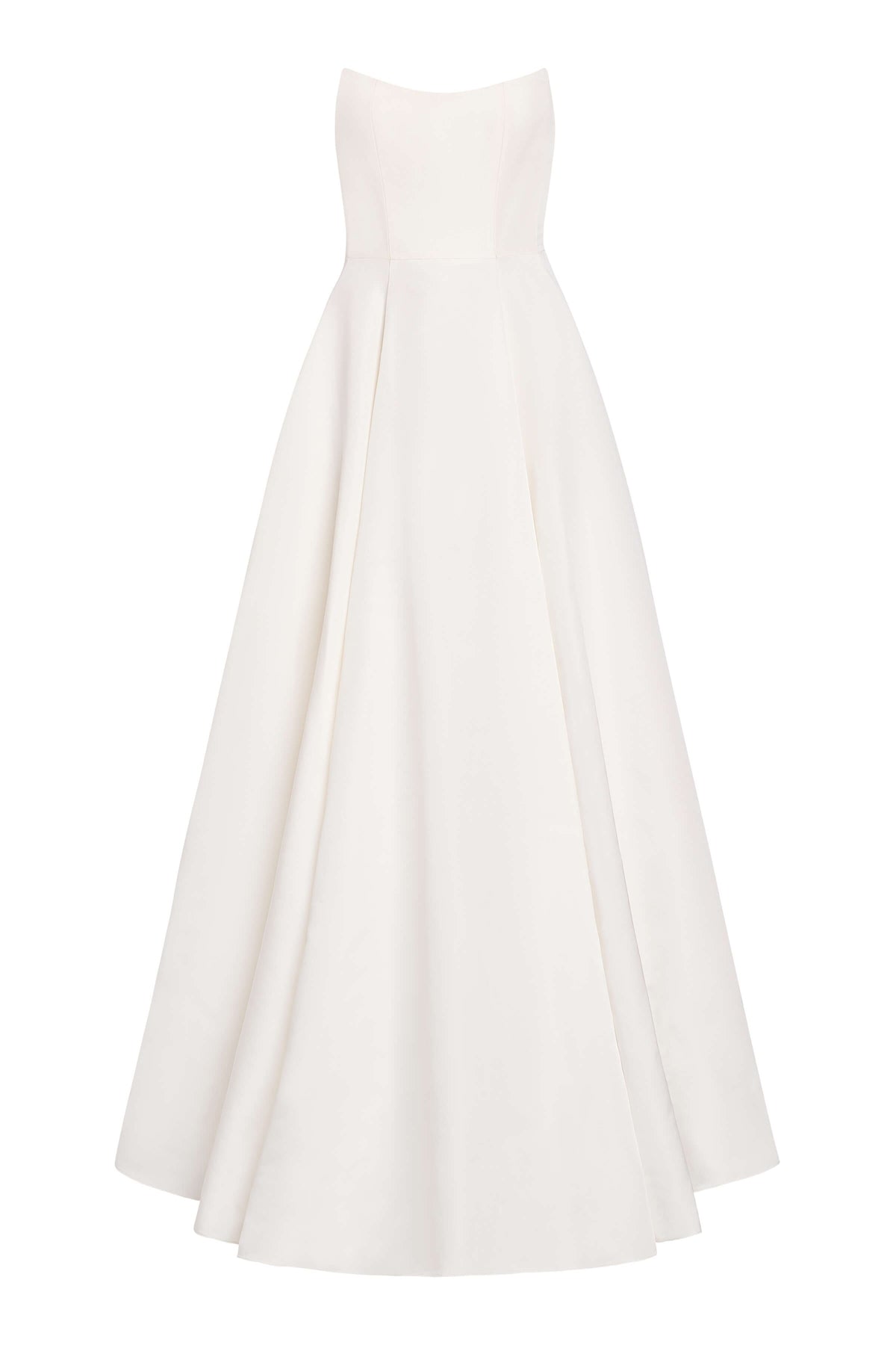 Front view of Gardenia Gown showcasing strapless paneled bodice and full silk-faille skirt on white background