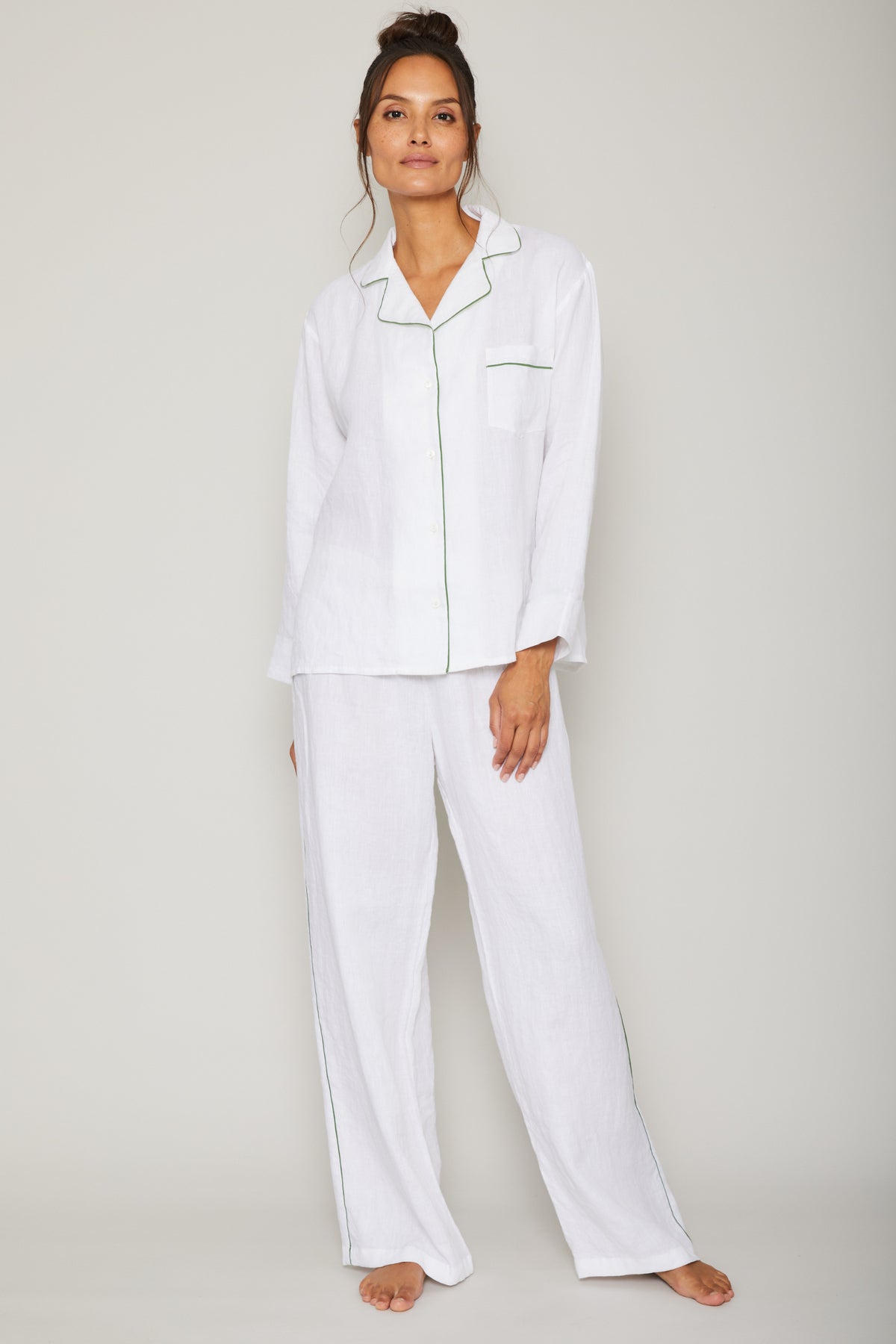 Sport Linen PJ Set Piped in Basil