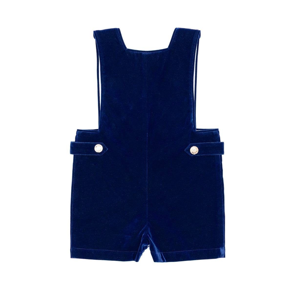 Henry Duvall James Henry Jon Jon in Back Bay Blue Velvet with HD gold buttons, classic baby boy holiday outfit with traditional silhouette and easy stride snaps