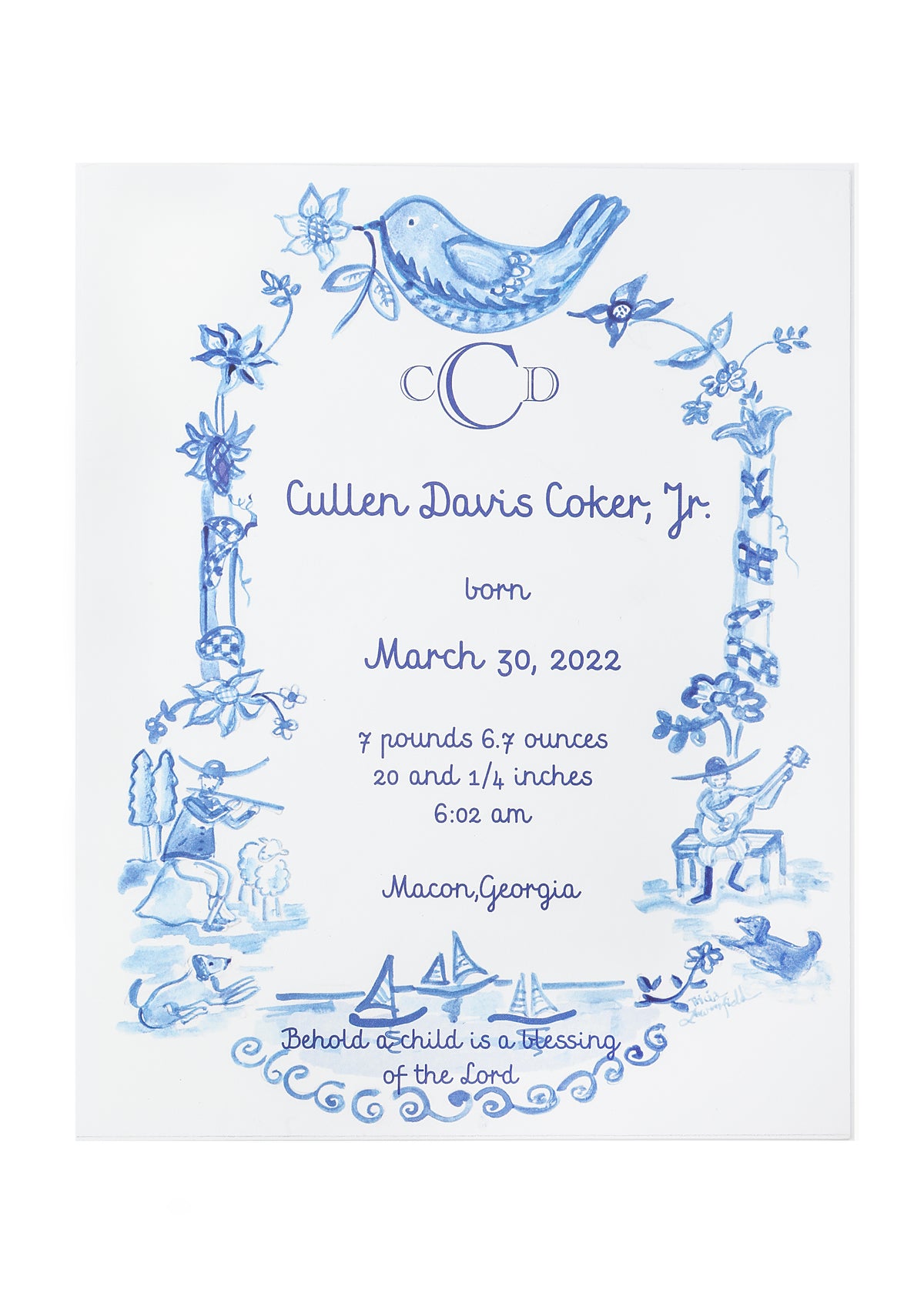 Front view of birth announcement print showing hand painted blue bird and floral border with personalized name and details