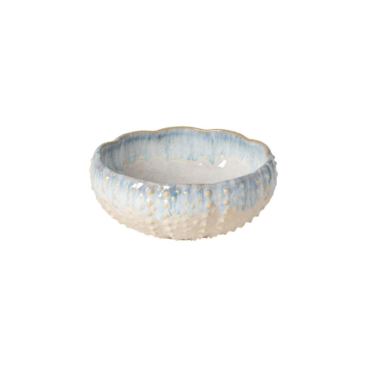 Front view of Brisa Collection urchin bowl showcasing scalloped rim, raised urchin-like texture, and blue-to-cream glaze on white background
