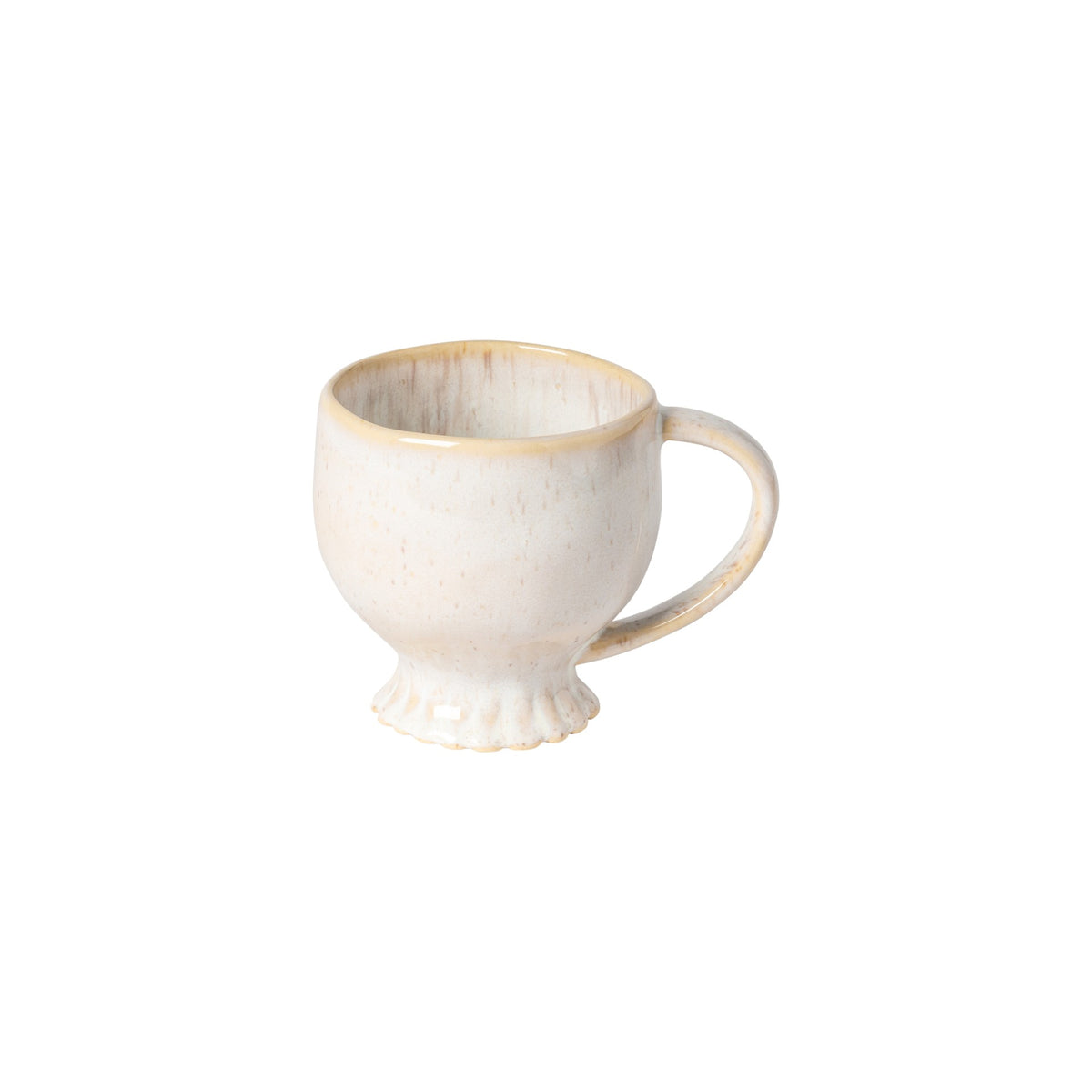 Front view of Mallorca Collection mug in sand beige showcasing scalloped foot and glossy reactive glaze on white background