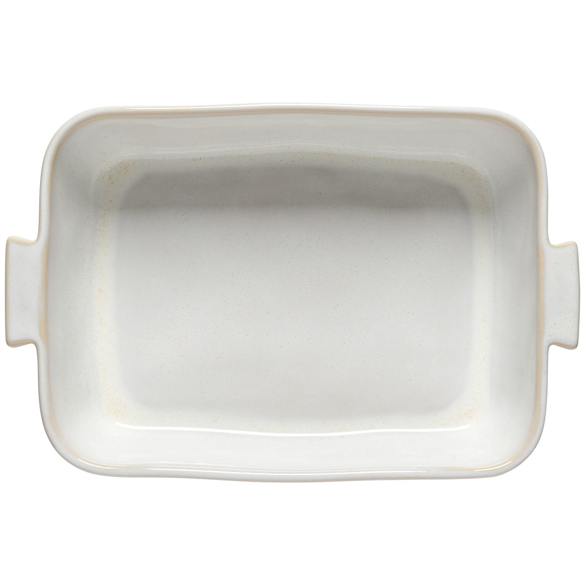 Top down view of Brisa 16 inch rectangular baker showing side handles and speckled Branca glaze on white background