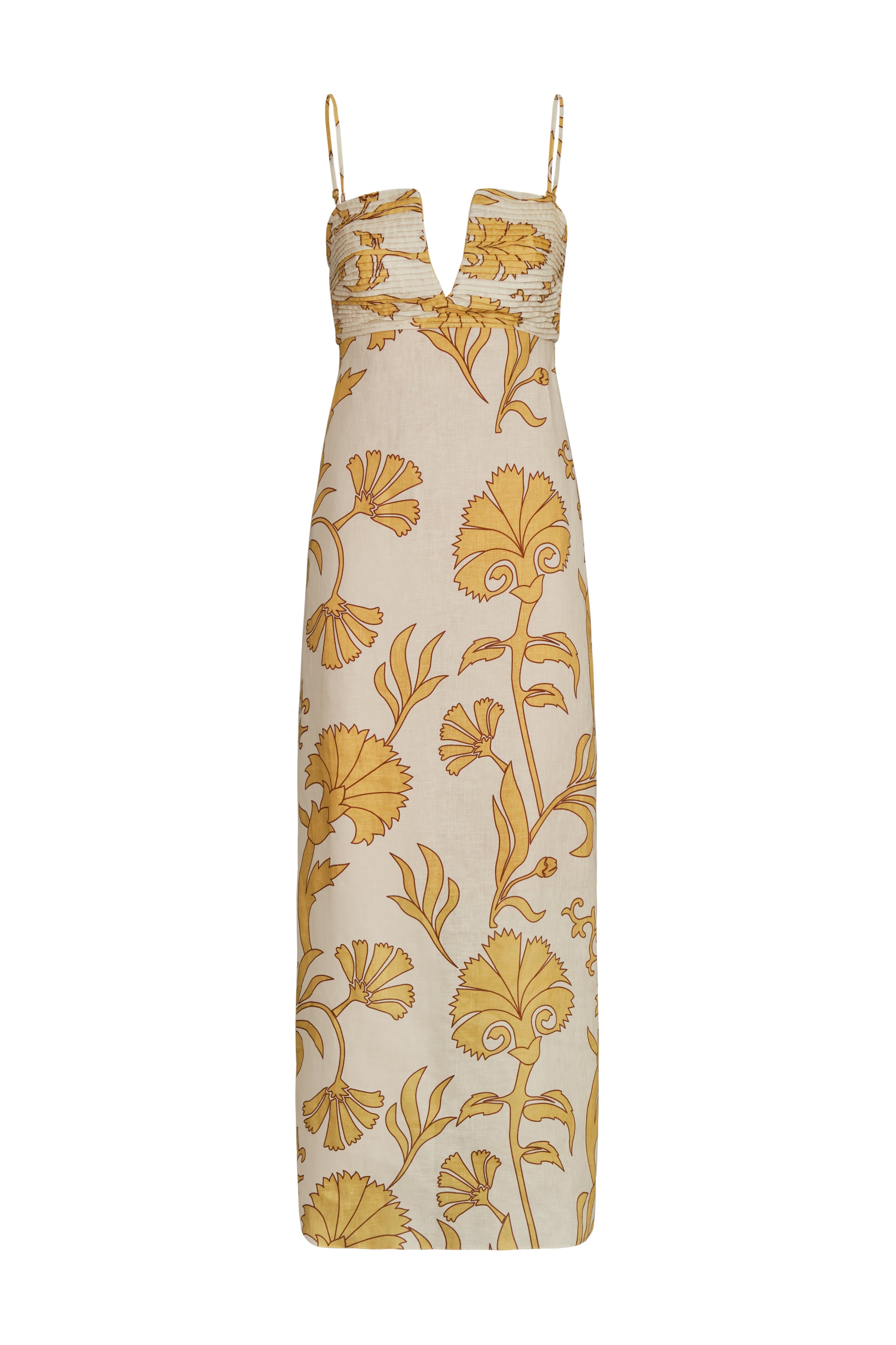 Antigüa Linen Midi Dress in Yellow Flowers