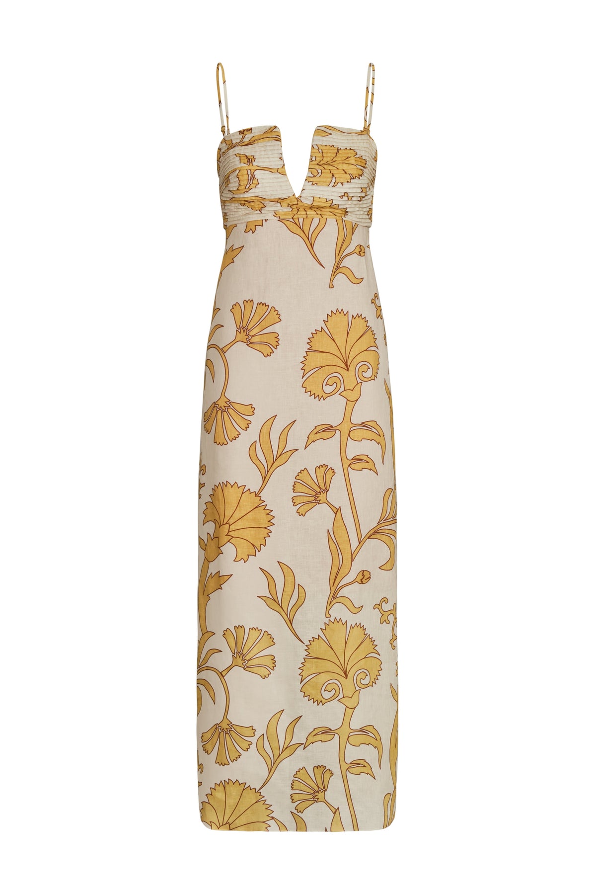 Antigüa Linen Midi Dress in Yellow Flowers