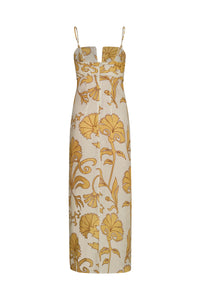 Antigüa Linen Midi Dress in Yellow Flowers