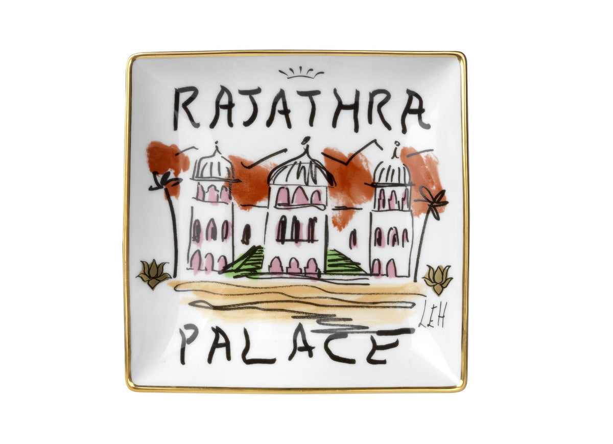 Front view of Profumi Luchino Designer Squared Vide Poche in Rajathra Palace with gold rim and palace illustration
