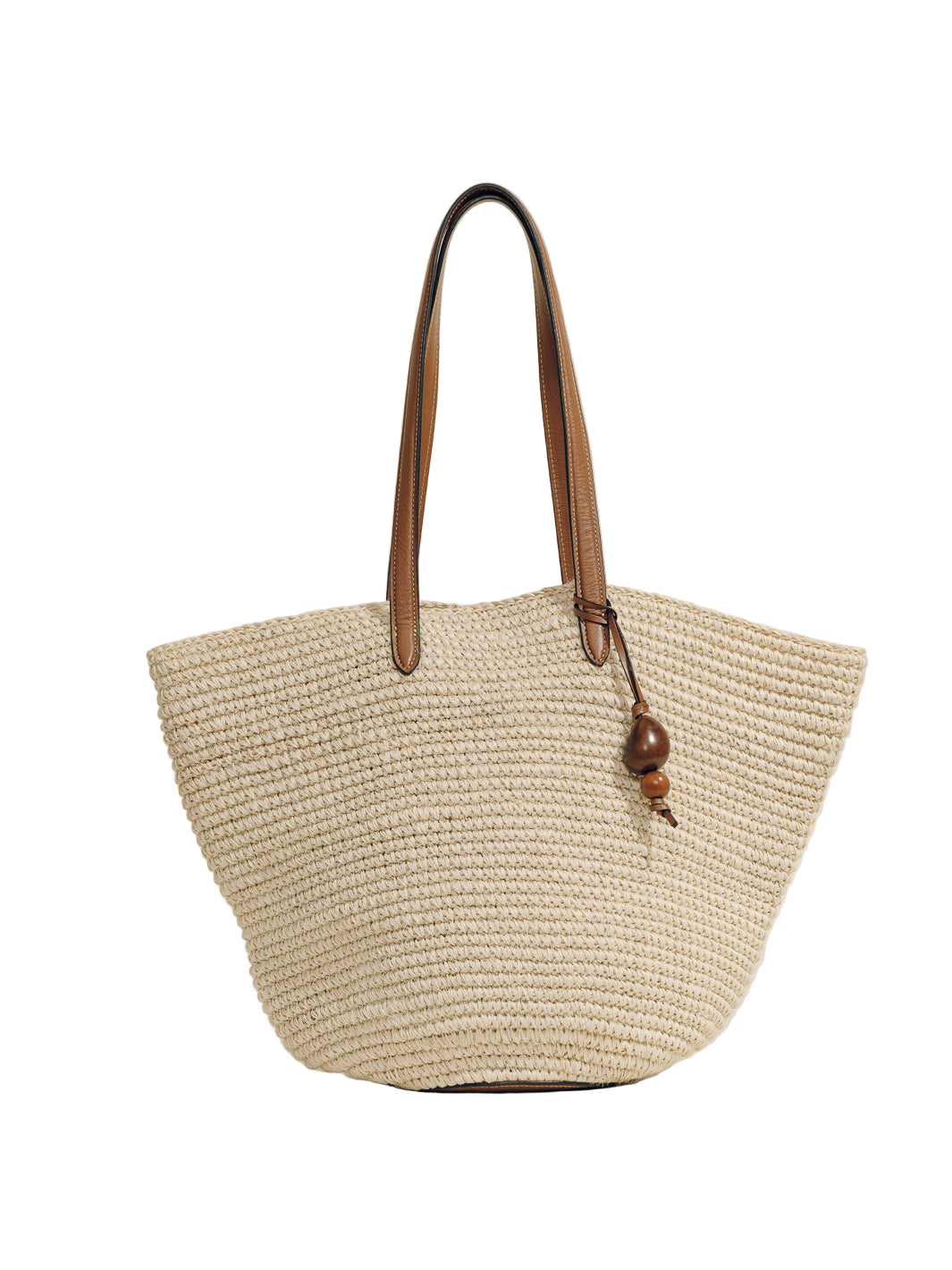 Front view of The Market Tote in natural straw with cognac leather straps and wooden bead accent on white