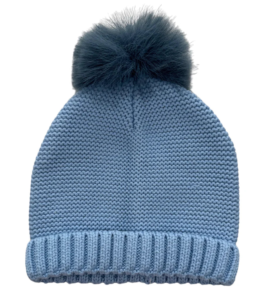 Faux Fur Knit Hat with Pom Pom in Blue