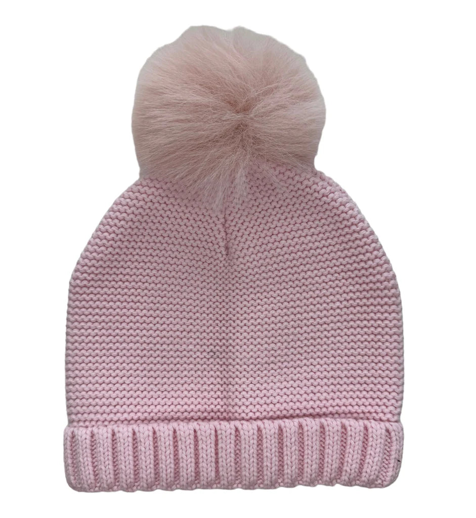 Faux Fur Knit Hat with Pom Pom in Pink