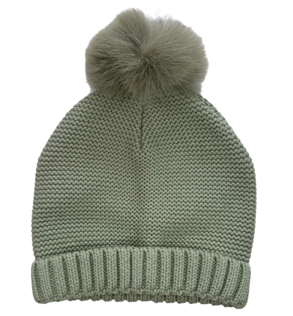 Faux Fur Knit Hat with Pom Pom in Sage