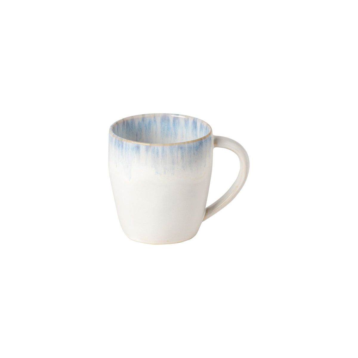 Three-quarter view of Brisa Collection mug in Ria Blue showcasing blue drip glaze and rounded organic silhouette on white background