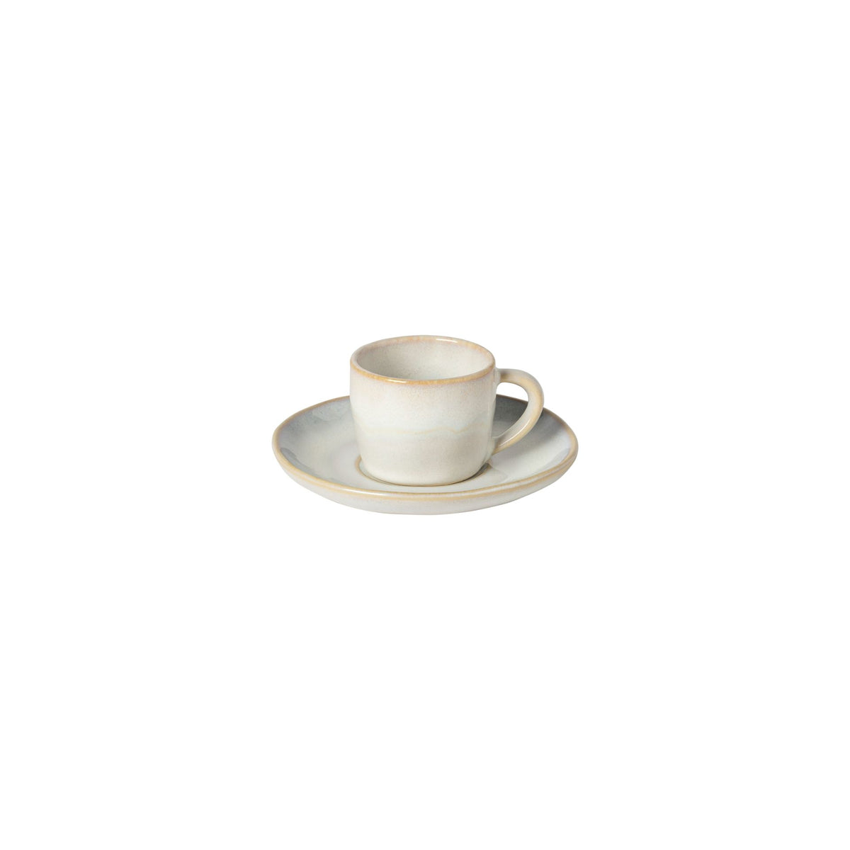 Front view of Brisa coffee cup and saucer in salt glaze showing glossy artisanal finish on white background
