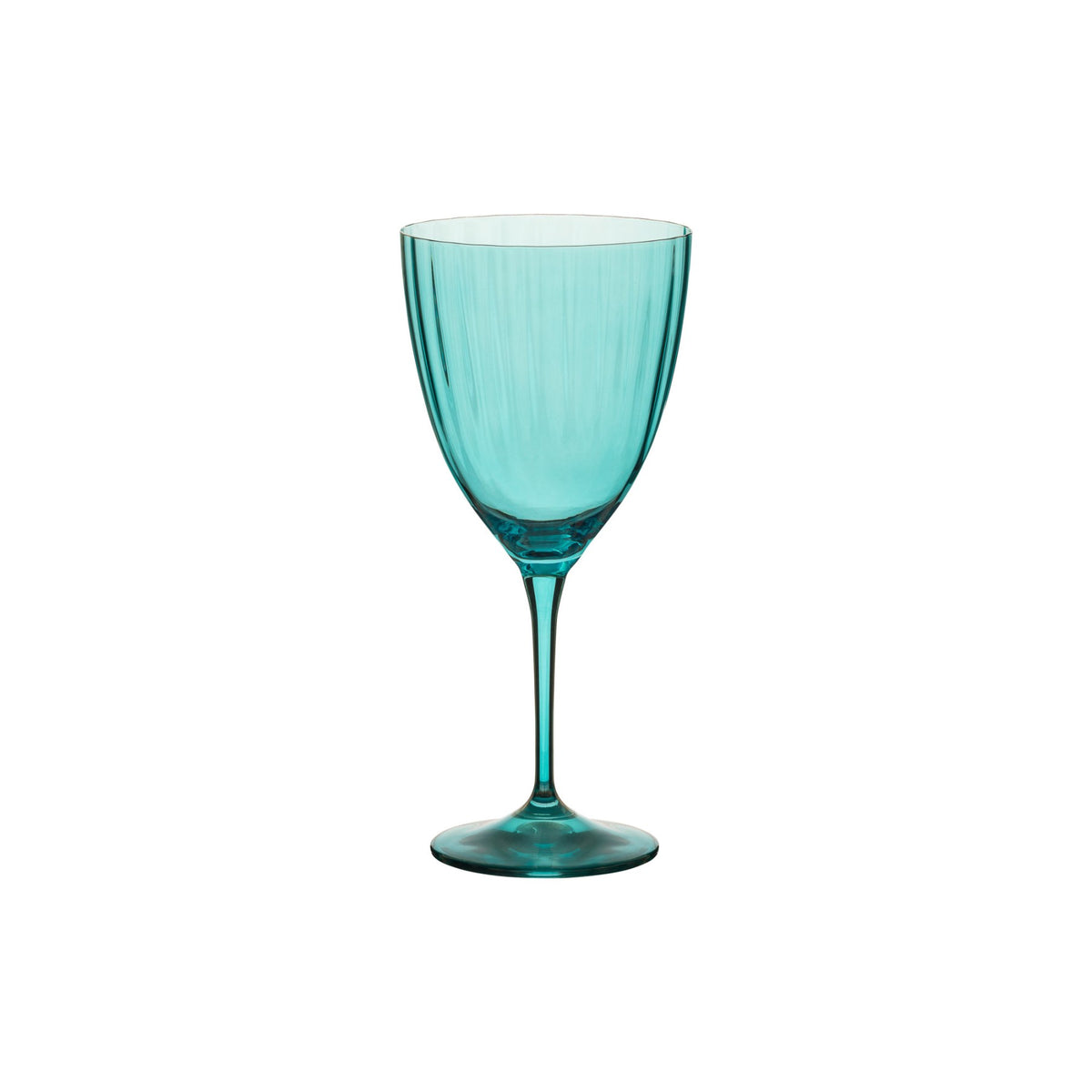 Front view of Sensa Collection Water Glasses in Turquoise, Set of 6, showcasing a stemmed silhouette and cut rim on a white background