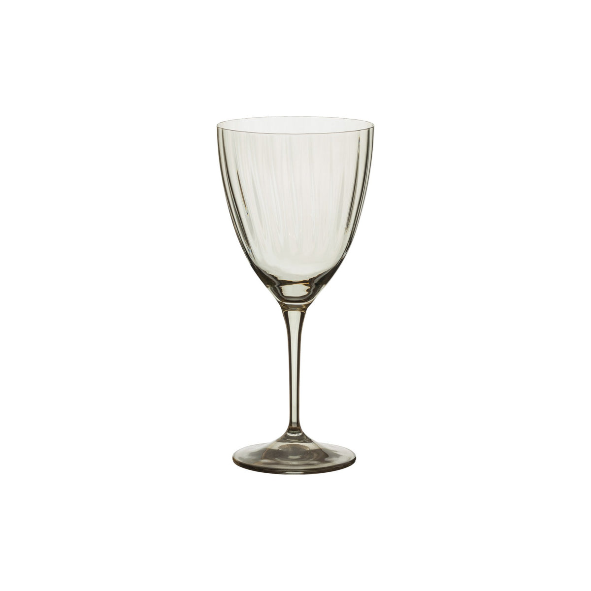 Front view of a Smoke Grey Sensa Collection water glass from a set of 6, showcasing its stemmed silhouette on white