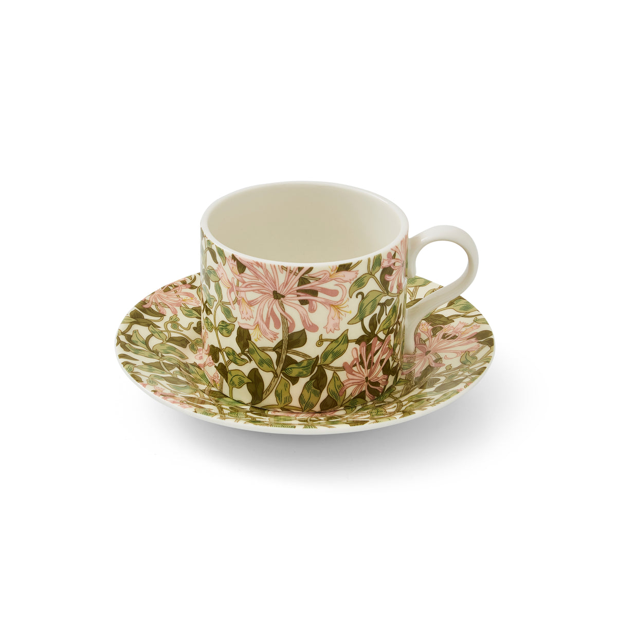 Front view of Morris and Co. Teacup and Saucer in Honeysuckle showcasing delicate flowers and intertwining leaves on a white background