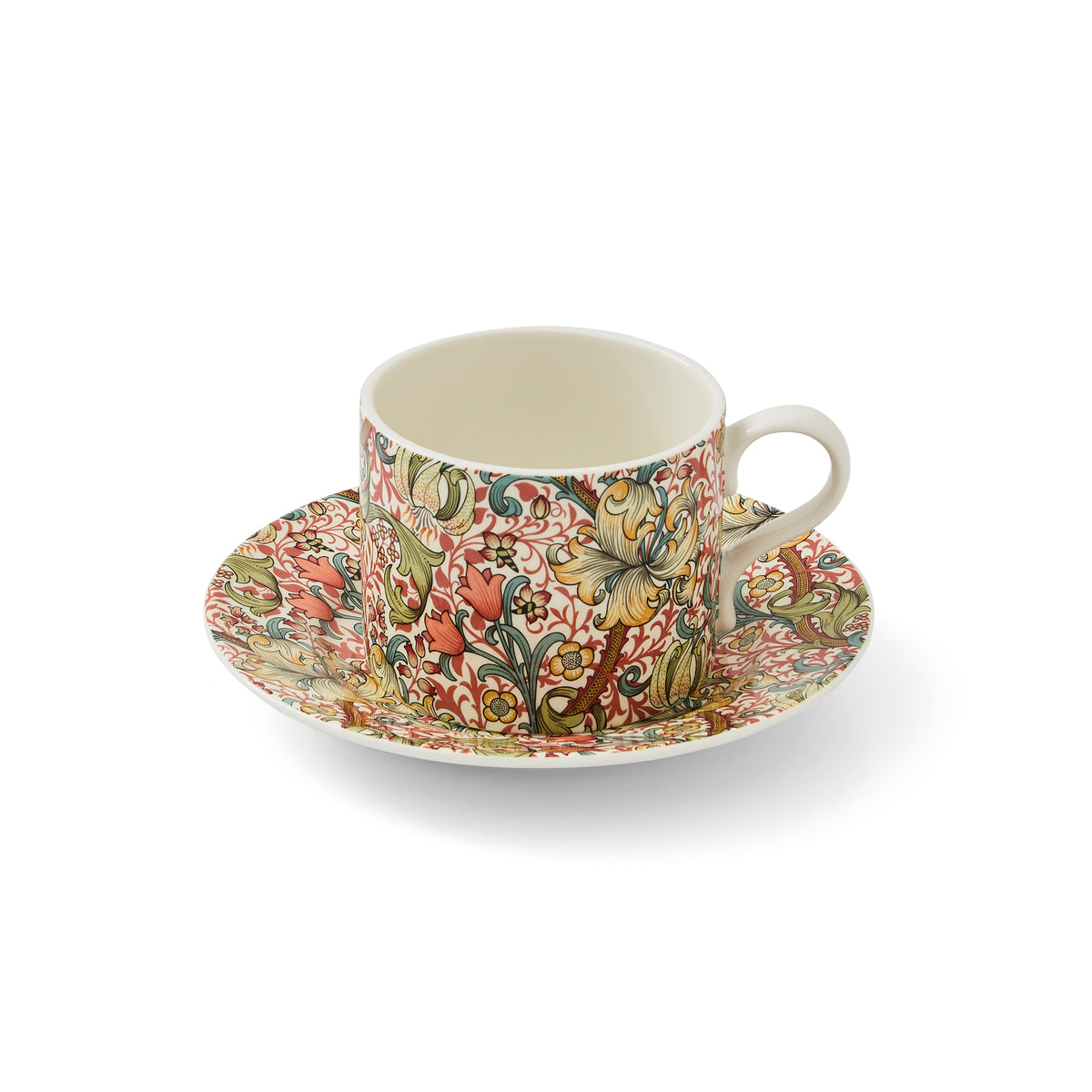 Angled view of Morris & Co. Teacup & Saucer in Golden Lily showcasing lilies with intertwining stems on white