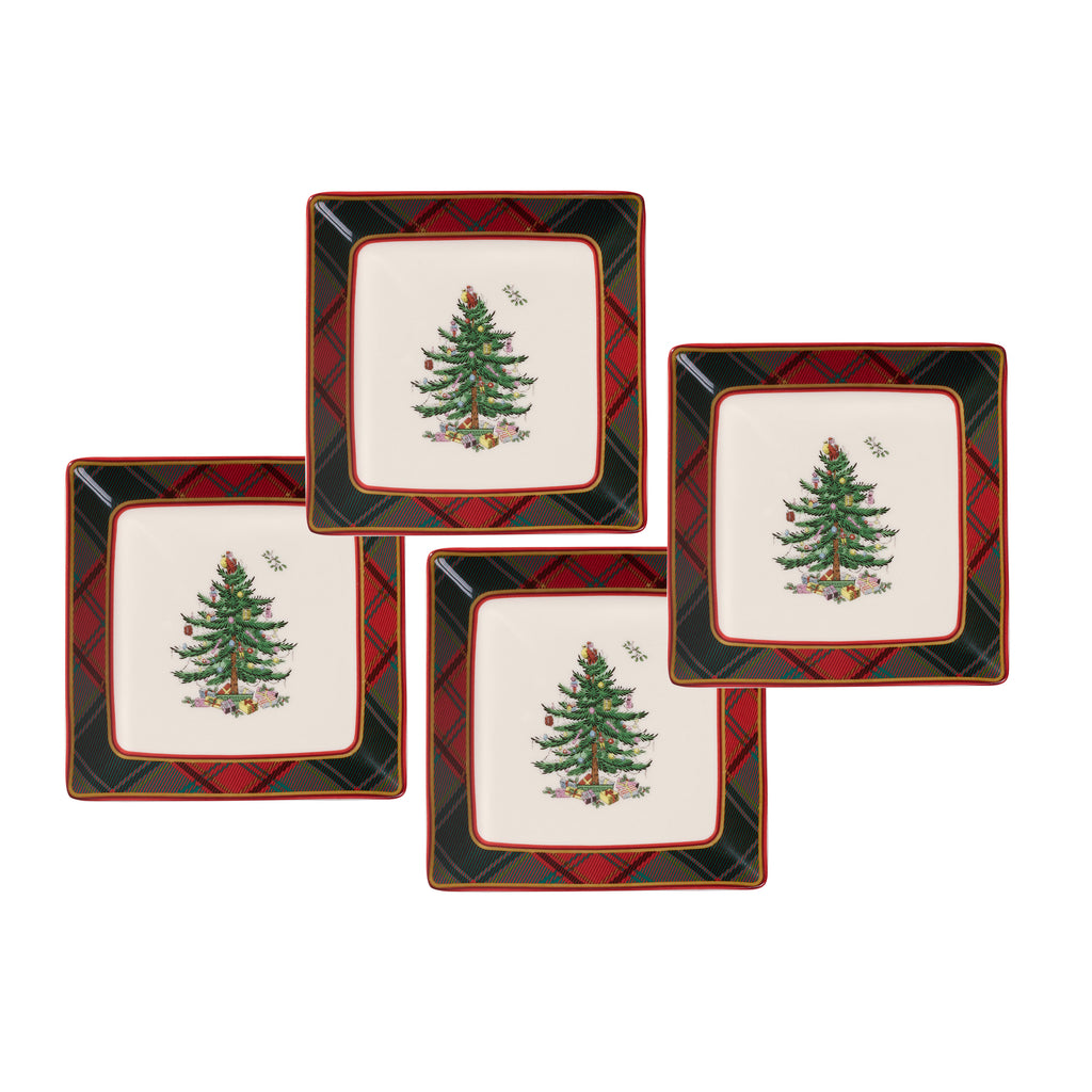 Christmas Tree Tartan Square Tidbit Plates, Set of 4
