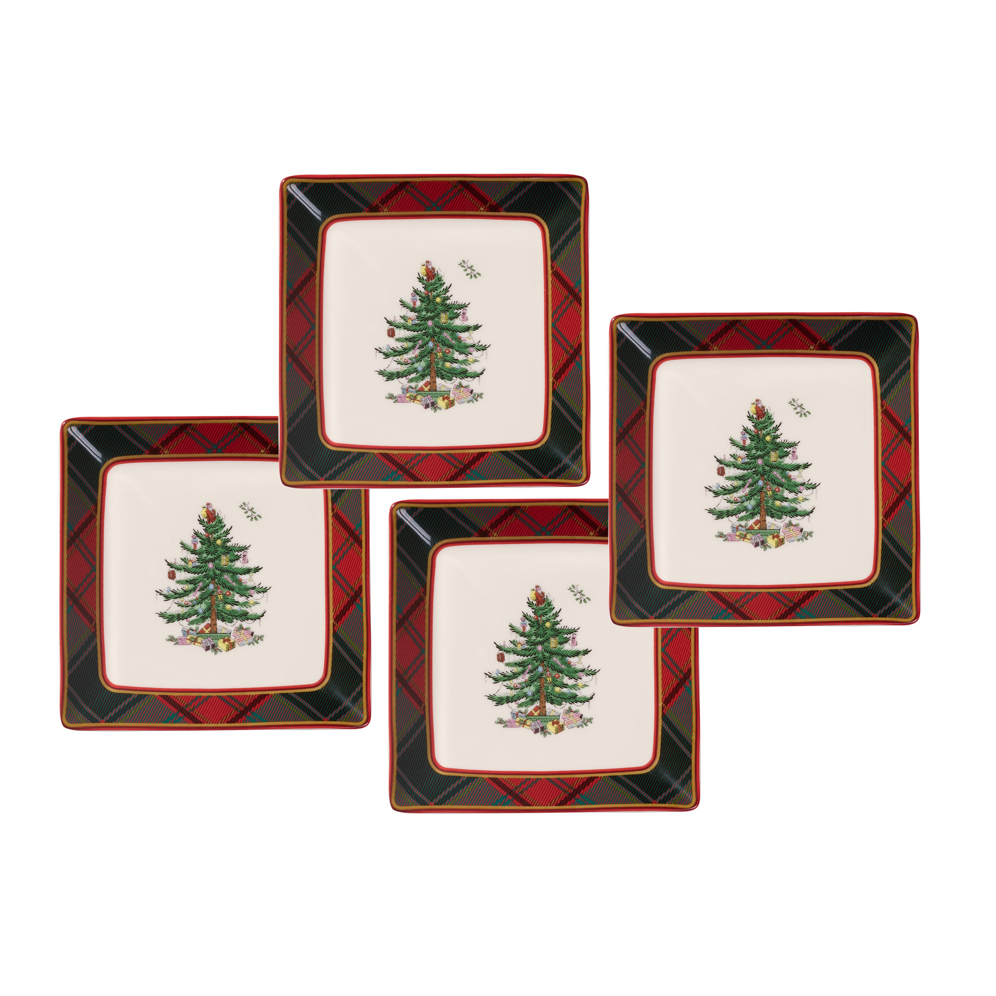 Christmas Tree Tartan Square Tidbit Plates, Set of 4