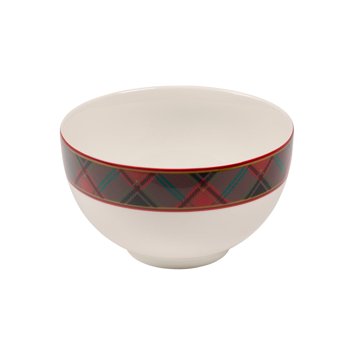 Angled view of 6-inch rice bowl showing red and green tartan band on white background