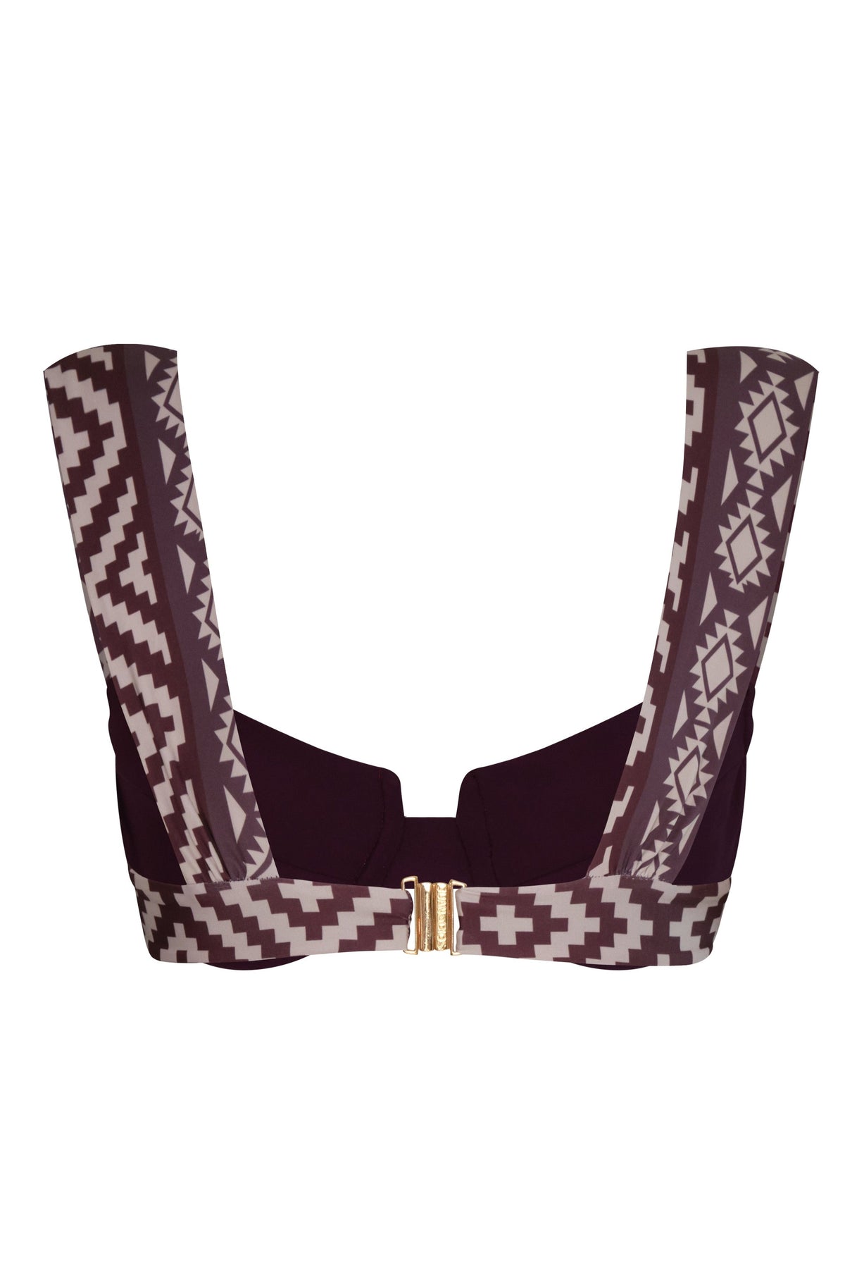 Close-up back view of Sabina Top in Ethnic Motif showcasing thick ruched straps and back clasp on white background