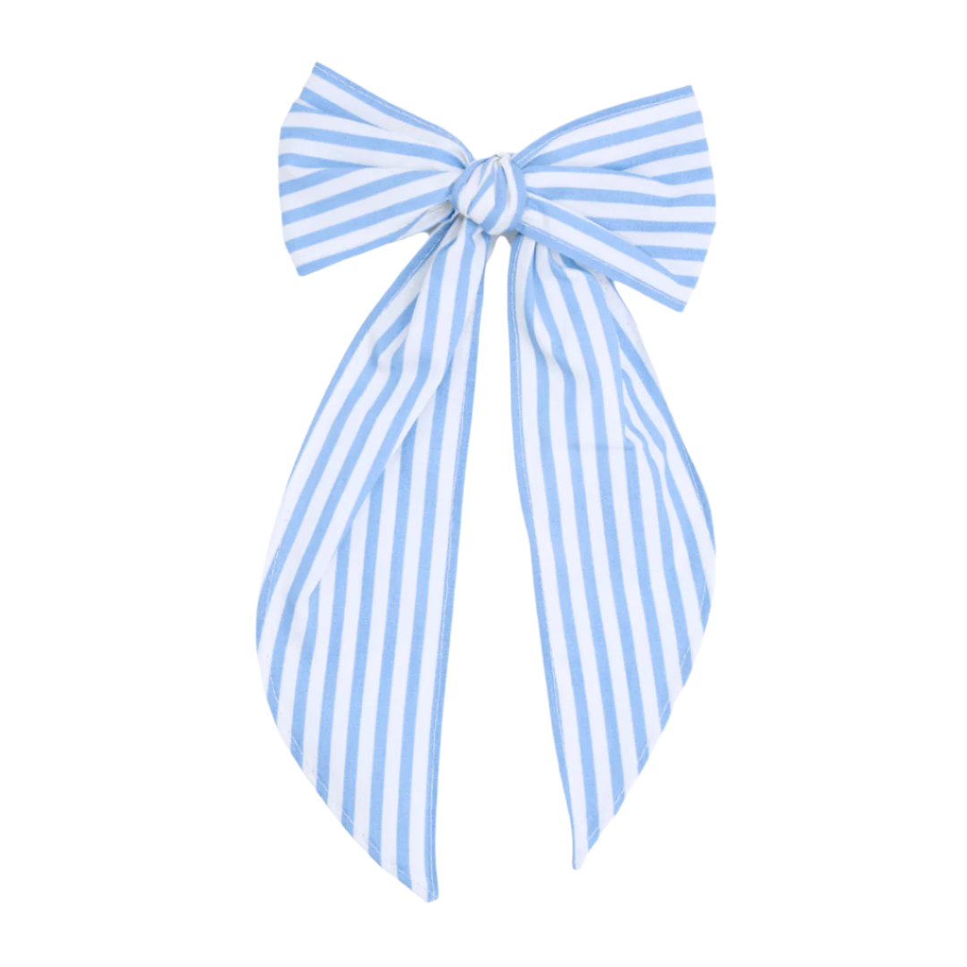 Front view of Marina Bow showcasing blue-and-white vertical stripes and long hanging tails on a white background