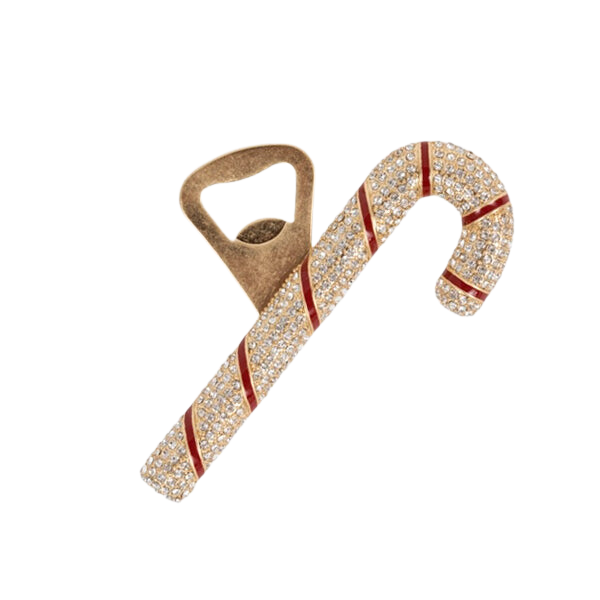 Front view of Candy Cane Bottle Opener showcasing crystal pave and red enamel stripes with a transparent background