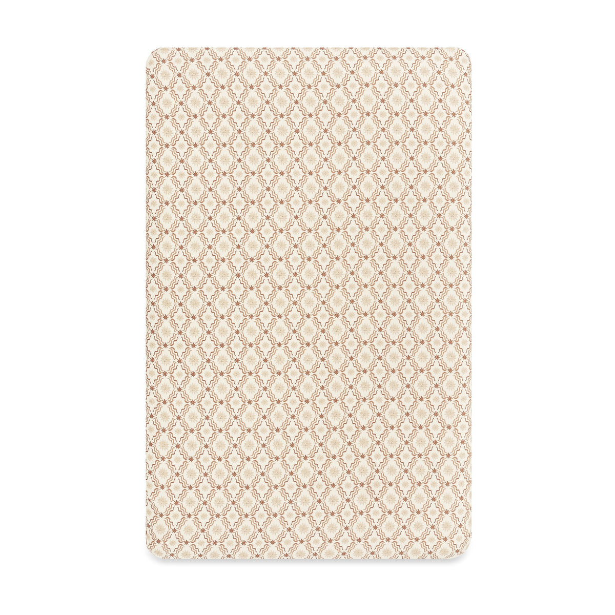 Front view of Mini Crib Sheet in Autumn Star showcasing a repeating beige geometric pattern on white background
