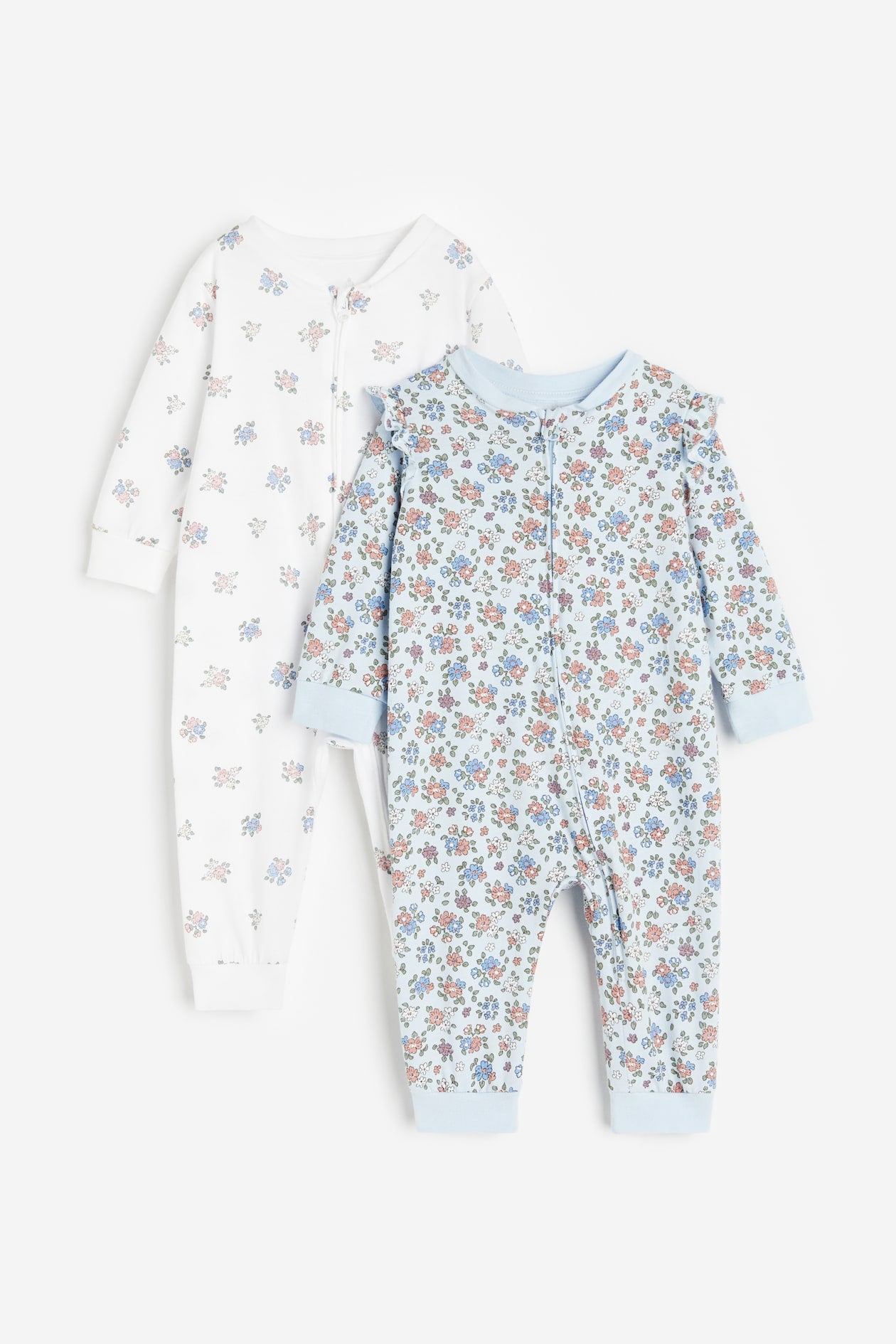 2-pack Cotton Pajama Jumpsuits (Light Blue/Florals 4-6M)