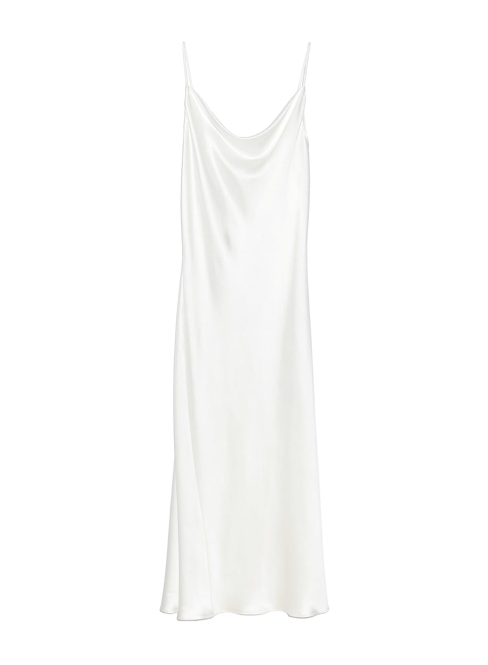 Front view of ivory cowl-neck silk slip dress showing cowl drape and adjustable spaghetti straps on white background