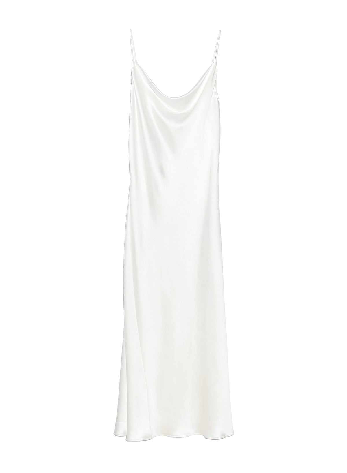 Front view of ivory cowl-neck silk slip dress showing cowl drape and adjustable spaghetti straps on white background