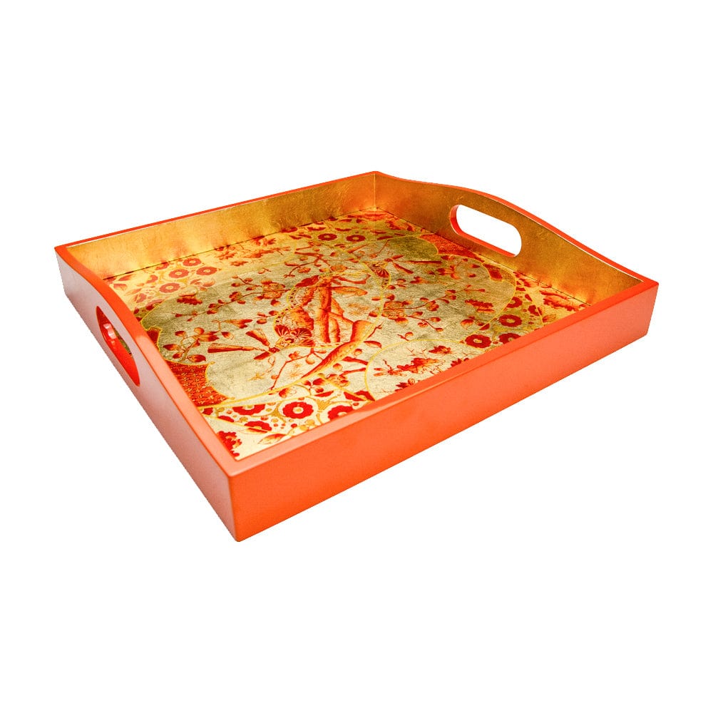 Gilded Porcelain Lacquer Trays in Coral & Gold