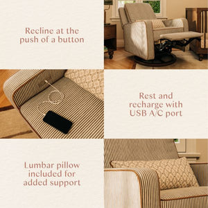 Product feature collage showing button activated reclining, USB and AC charging ports, and included lumbar support pillow