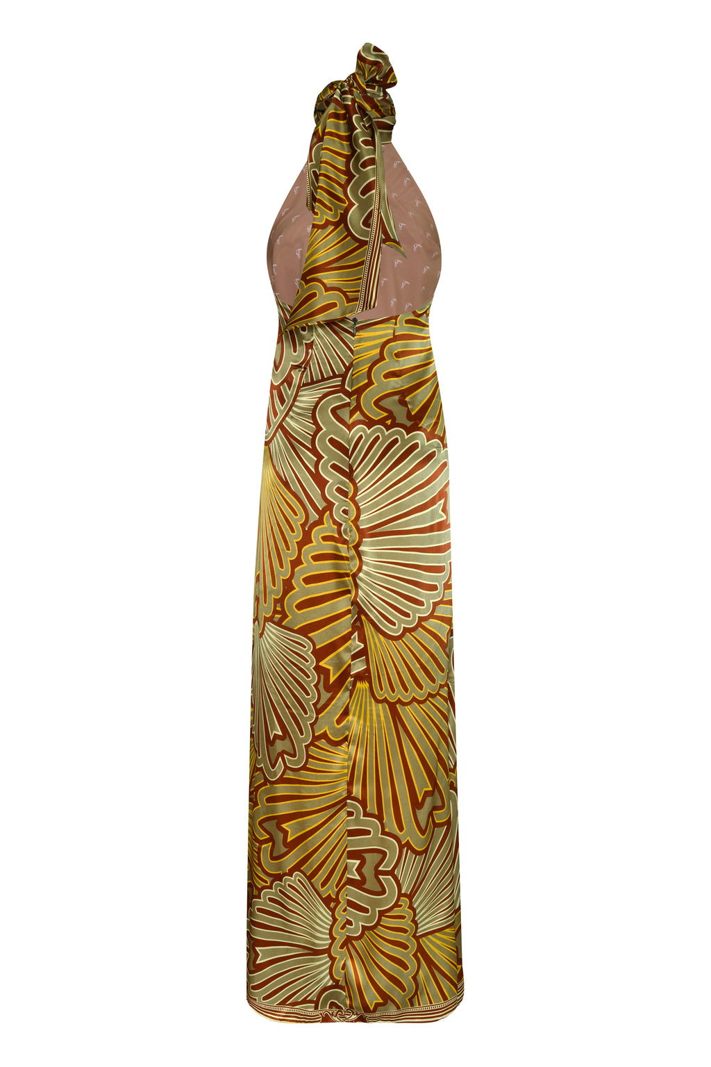 Costa Pacifica Satin Silk Midi Dress in Yellow Intricate Shells
