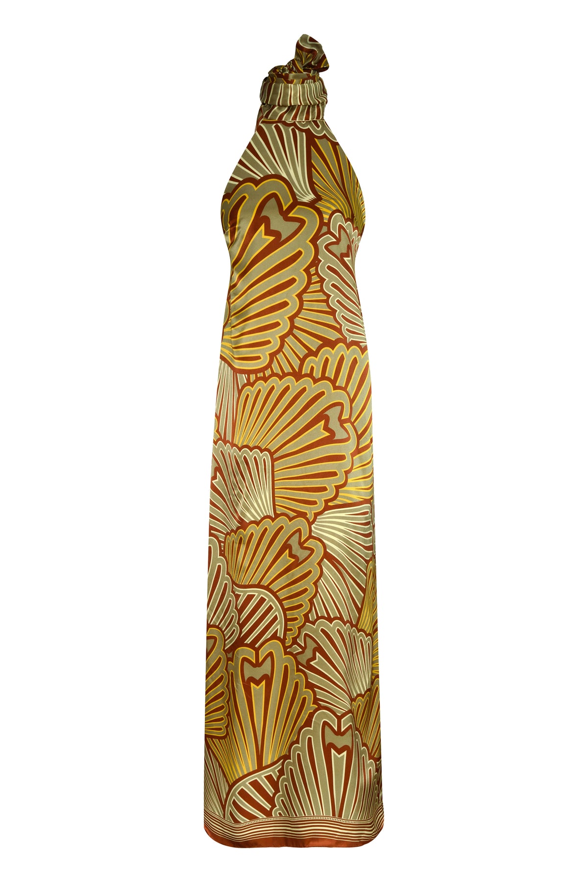 Front view of Costa Pacifica satin silk midi dress showcasing high halter neckline and yellow intricate shell print on white background