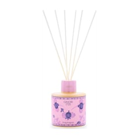 Front view of Scented Gift Scented Diffuser in Azalea showcasing pink porcelain vessel and diffuser reeds on a white background
