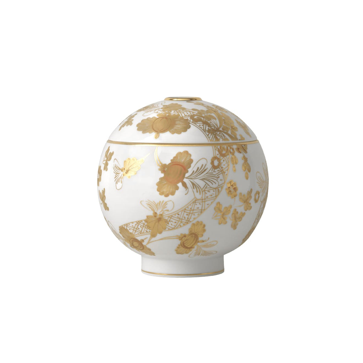 Front view of Oriente Italiano Diffuser Holder Vase in Aurum showcasing gold floral motifs on fine porcelain with a white background