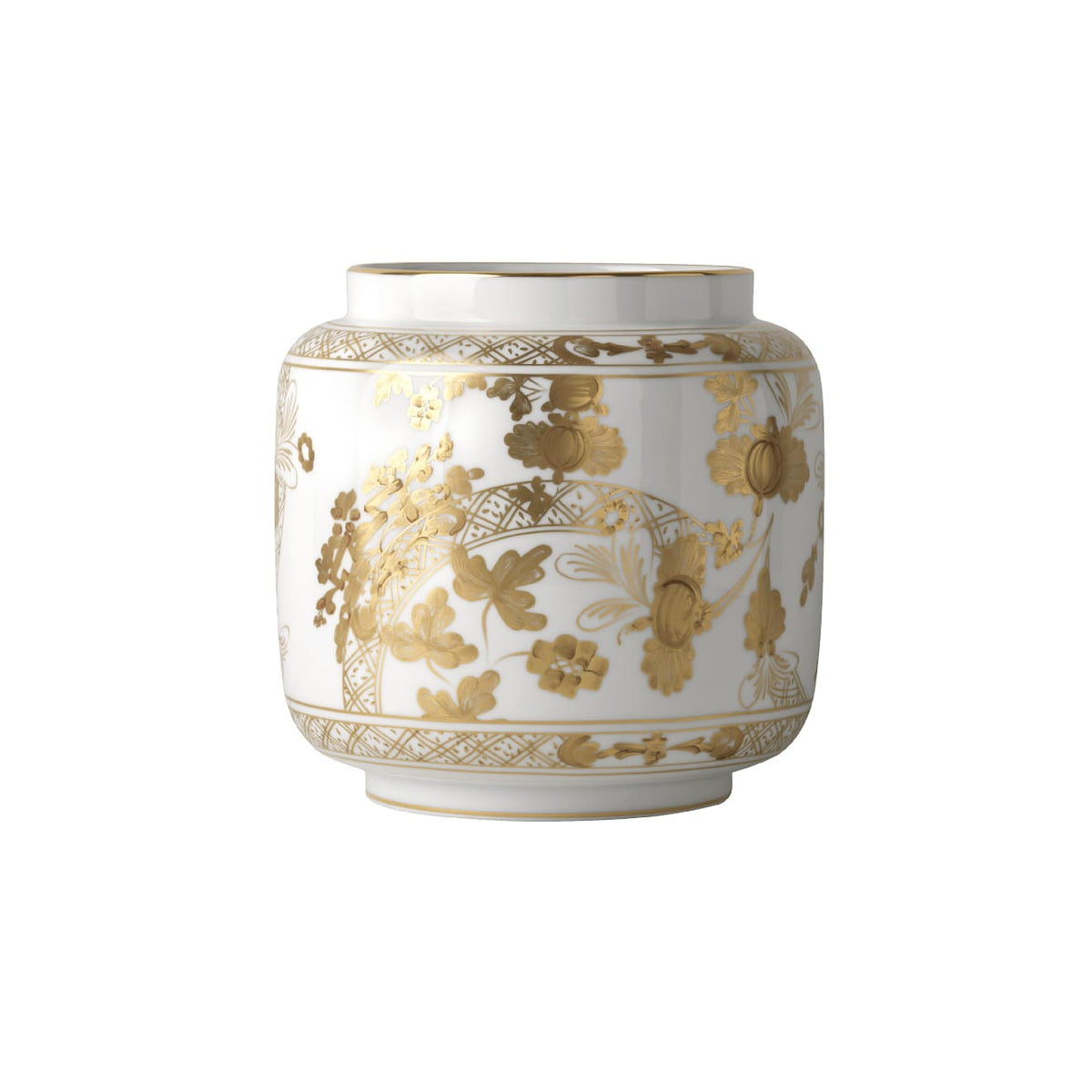 Front view of Oriente Italiano Candleholder Vase in Aurum with gold floral motifs on white porcelain, white background