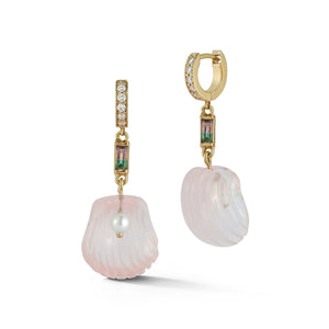 Dream Shell Huggies in Rose Quartz and Watermelon Tourmaline