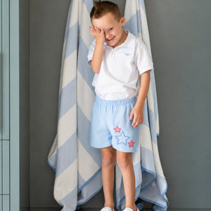 Henry Duvall Liam boys shorts in blue with red white and blue star embroidery, classic preppy patriotic shorts for Memorial Day, 4th of July, and summer wear