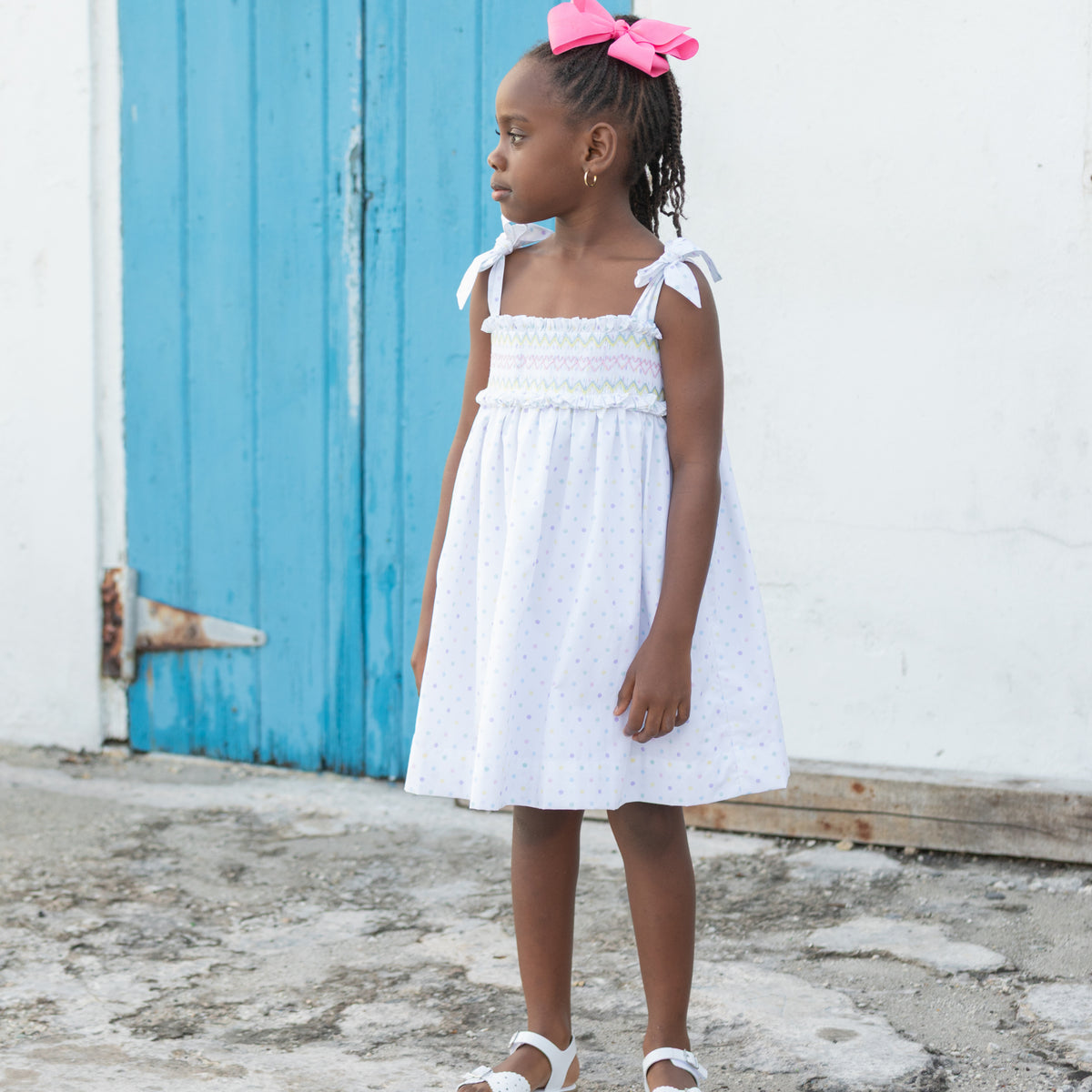 Henry Duvall Daisy Dress in Dunmore Dot print with hand-smocked bodice and shoulder bow ties, classic heirloom summer dress for girls